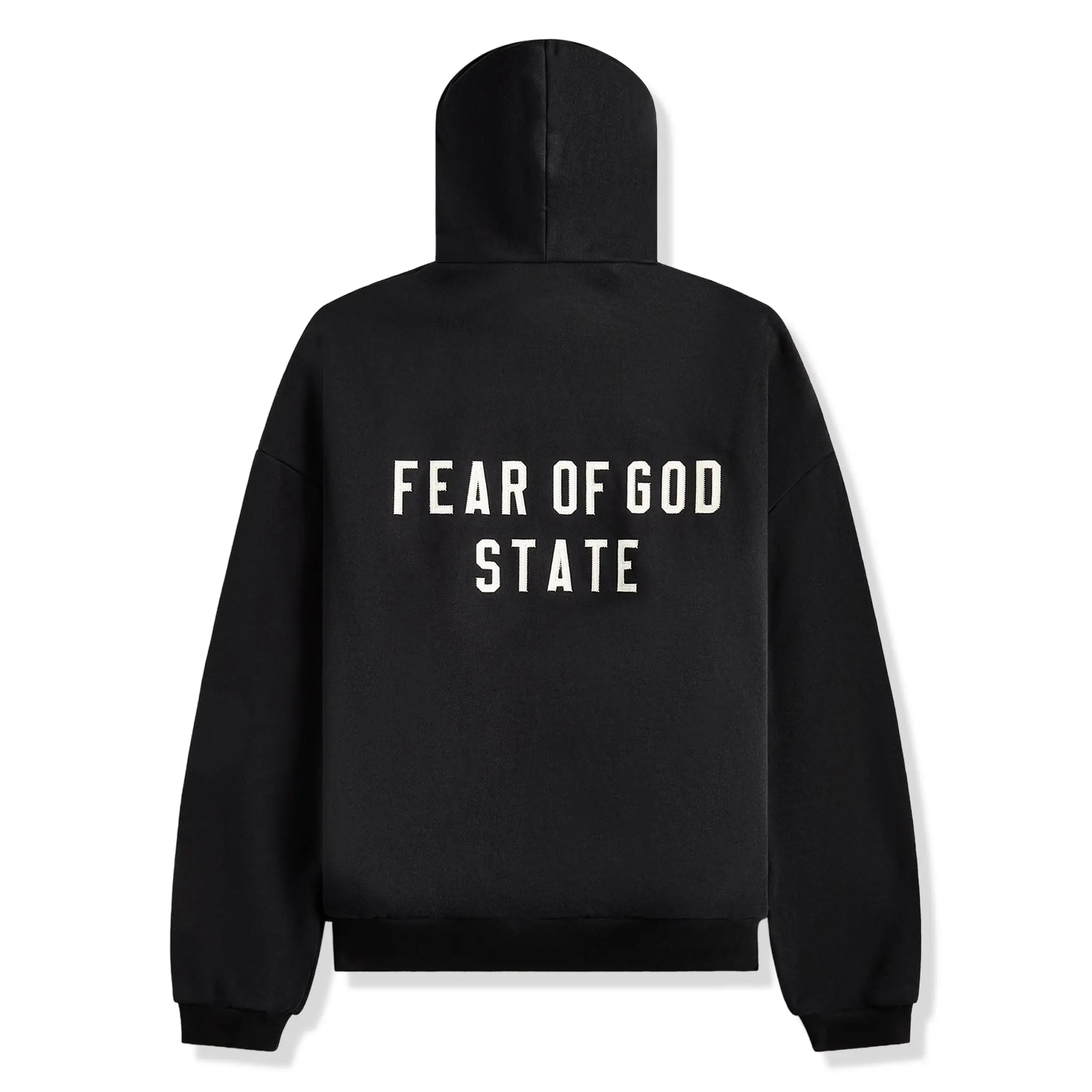 Back View of Fear Of God Essentials Heavy Fleece Black Zip-Up Hoodie (FW24) 192BT246240F